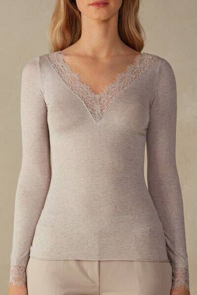 Intimissimi Maglia scollo a V in Modal Cashmere Ultralight e Pizzo Donna Naturale Taglia M