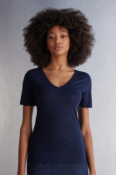 Intimissimi Maglia Manica Corta con Scollo a V in Cotone Ultrafresh Donna Blu Taglia M