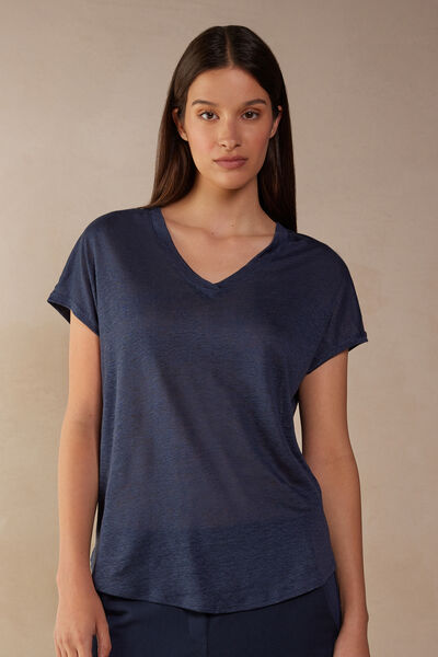 Intimissimi Maglia Manica Corta con Scollo a V in Lino Donna Blu Taglia M