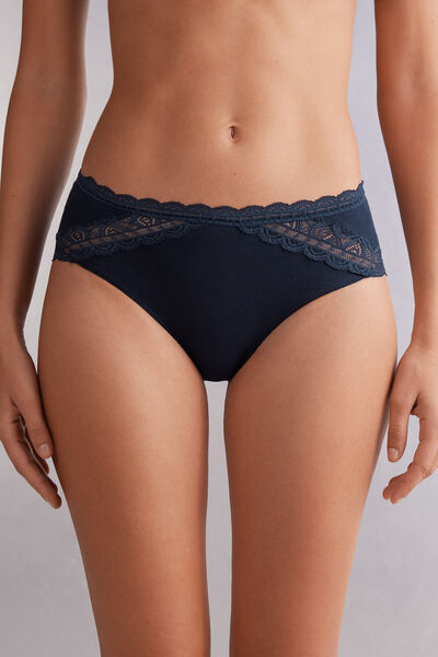 Intimissimi Slip Vita Semi-alta in Cotone e Pizzo Donna Blu Taglia 3