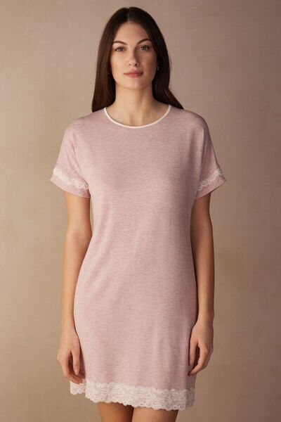 Intimissimi Camicia da Notte a Maniche Corte con Dettagli in Pizzo Donna Rosa Chiaro Taglia M