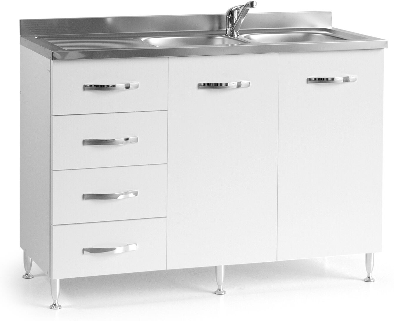 Caesaroo Base sottolavello cucina 120x50xH85 in legno con cassettiera e lavello a doppia vasca   Bianco