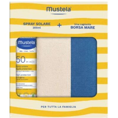 Mustela Spray solare con borsa mare - Set solare SPF 50 per la protezione di viso e corpo, 200 ml Mustela Spray solare con borsa mare - Set solare SPF 50 per la protezione di viso e corpo, 200 ml