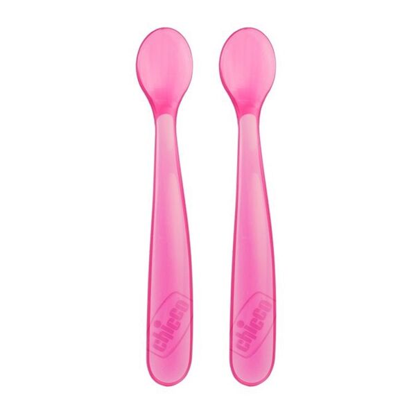chicco cucchiaio in morbido silicone 6m+ per svezzamento colore rosa, 2 pezzi