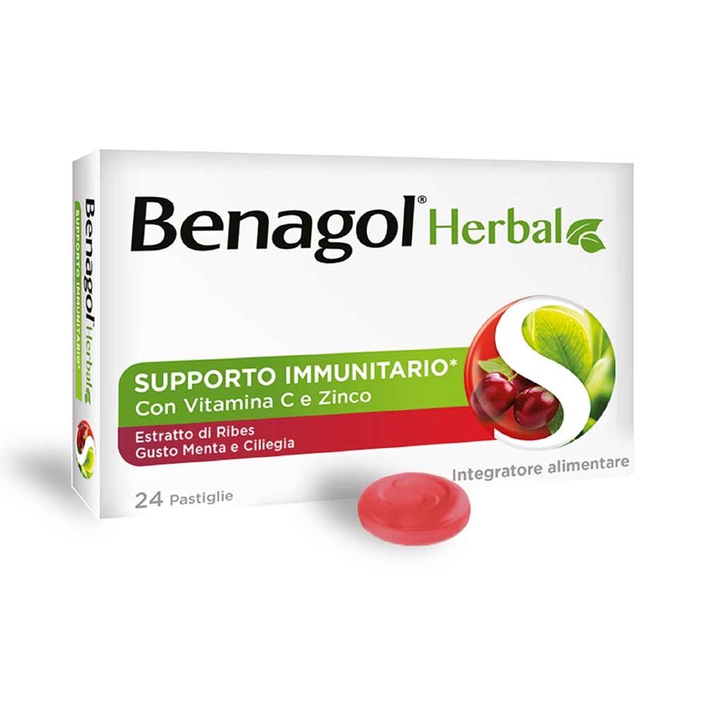 Benagol Herbal - Supporto Immunitario Vitamina C Menta e Ciliegia, 24 Pastiglie