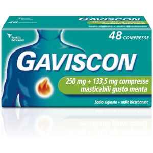 RB Reckitt Benckiser Gaviscon 250mg + 133,5mg Compresse Masticabili Gusto Menta per Bruciore di Stomaco Occasionale, 48 Compresse