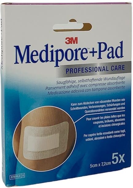 3M Medipore+Pad Medicazione adesiva con Tampone Assorbente 5 x 7,2cm, 5pezzi