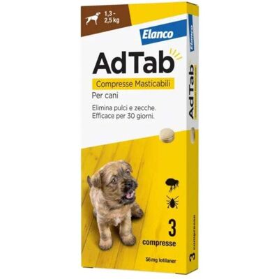 Elanco Italia Spa Adtab 56mg - Trattamento antiparassitario per cani 1.3-2.5kg Elanco Italia Spa Adtab 56mg - Trattamento antiparassitario per cani 1.3-2.5kg