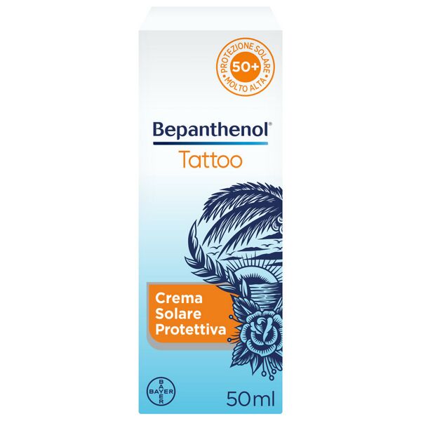 bayer spa bepanthenol tattoo crema protezione solare molto alta spf50+ per tatuaggio, con pantenolo, idrata e rigenera la pelle tatuata 50ml