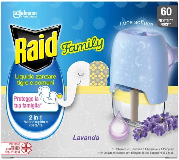 Antica Farmacia Orlandi Raid Liquido Elettrodiffusore Family Base + Ricarica 60 Notti Per Zanzare E Zanzare Tigri Profumo Di Lavanda