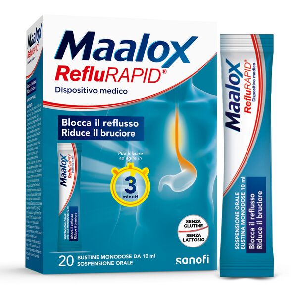 opella healthcare italy srl maalox reflurapid 20 bustine, maalox reflusso, senza lattosio, senza glutine