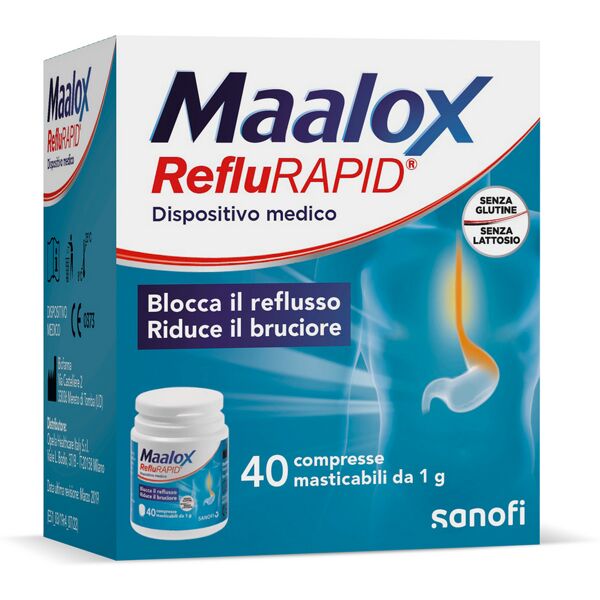 opella healthcare italy srl maalox reflurapid 40 compresse, maalox reflusso, senza lattosio, senza glutine