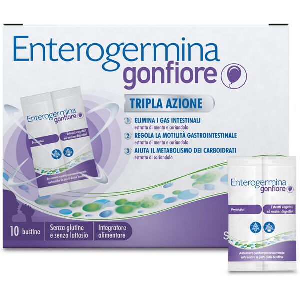 opella healthcare italy srl enterogermina gonfiore 10 bustine, integratore alimentare con probiotici, enzimi digestivi e fermenti lattici per adulti contro gonfiore addominale, gusto pesca