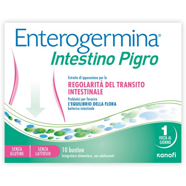 opella healthcare italy srl enterogermina intestino pigro 10 bustine, fermenti lattici, probiotici, prebiotici (fos), integratore regolarità intestinale, con psillio, ibisco, ippocastano, opuntia, gusto frutti di bosco