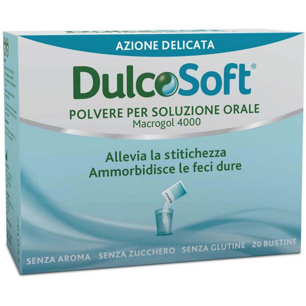 opella healthcare italy srl dulcosoft, dispositivo medico, feci dure, senza glutine, senza zucchero, macrogol 4000, 20 bustine predosate, adulti, bambini