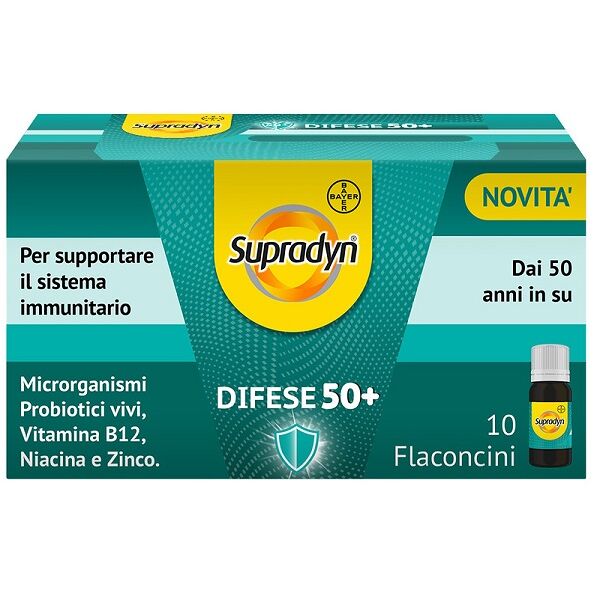 bayer spa supradyn difese 50+ integratore probiotici, vitamina b12, zinco e niacina per le difese immunitarie, 10 flaconcini