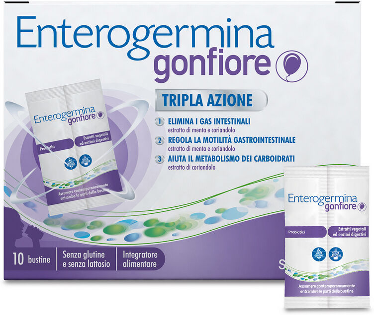 opella healthcare italy srl enterogermina gonfiore 10 bustine, integratore alimentare con probiotici, enzimi digestivi e fermenti lattici per adulti contro gonfiore addominale, gusto pesca