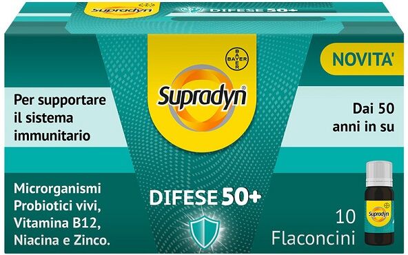 bayer spa supradyn difese 50+ integratore probiotici, vitamina b12, zinco e niacina per le difese immunitarie, 10 flaconcini