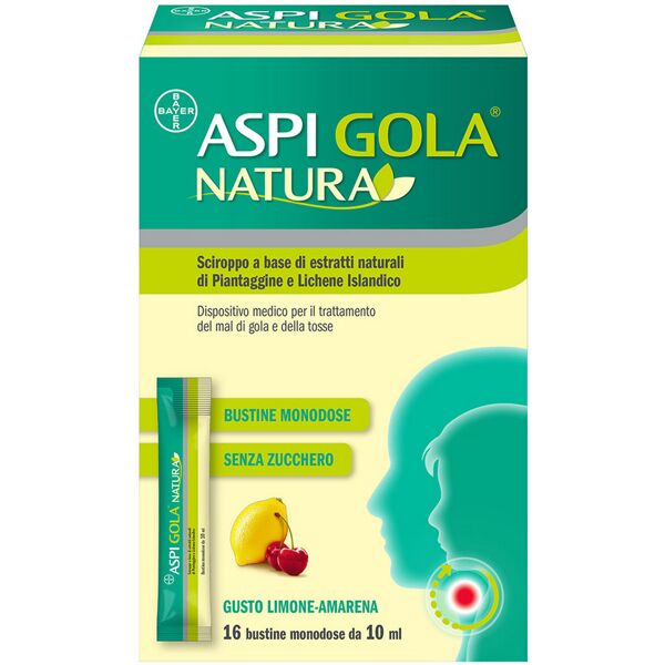 bayer spa aspi gola natura sciroppo a estratti naturali per mal di gola e tosse limone amarena 16 bustine 10ml