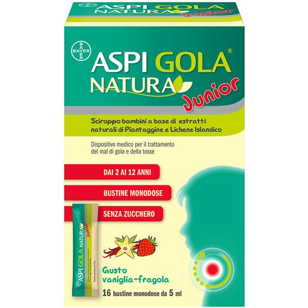 bayer spa aspi gola natura junior sciroppo bambini per mal di gola e tosse vaniglia e fragola 16 bustine 5ml