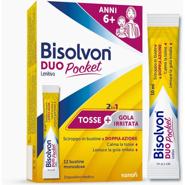 opella healthcare italy srl bisolvon duo pocket lenitivo sciroppo in bustina contro tosse e gola irritata, per adulti e bambini (12 bustine monodose)