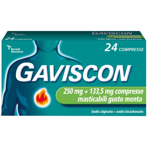 reckitt benckiser h.(it.) spa gaviscon 24 cpr menta - 250mg + 133,5 mg contro bruciore di stomaco e trattamento del reflusso gastroesofageo