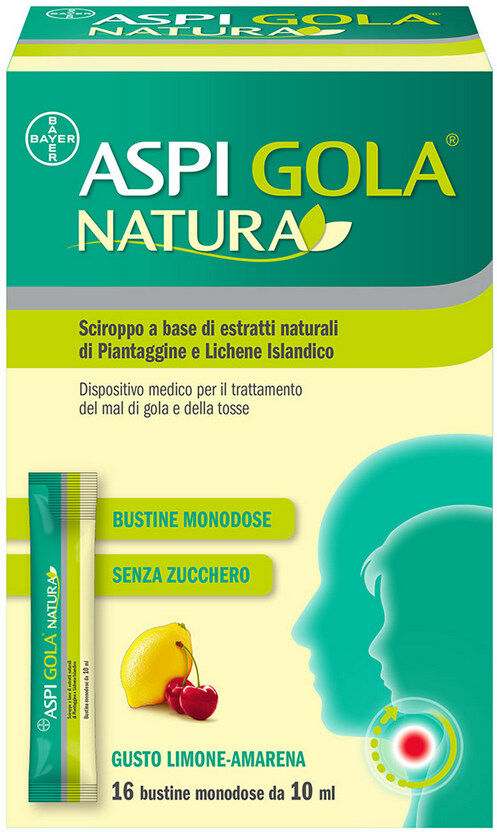 bayer spa aspi gola natura sciroppo a estratti naturali per mal di gola e tosse limone amarena 16 bustine 10ml