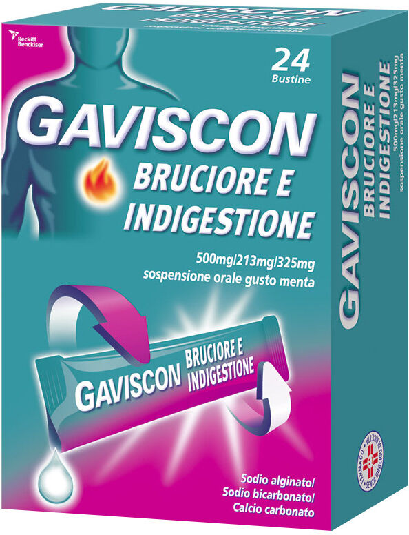 reckitt benckiser h.(it.) spa gaviscon bruciore e indigestione 24 bustine 10ml contro sintomi del reflusso gastroesofageo, indigestione, bruciore e acidità di stomaco