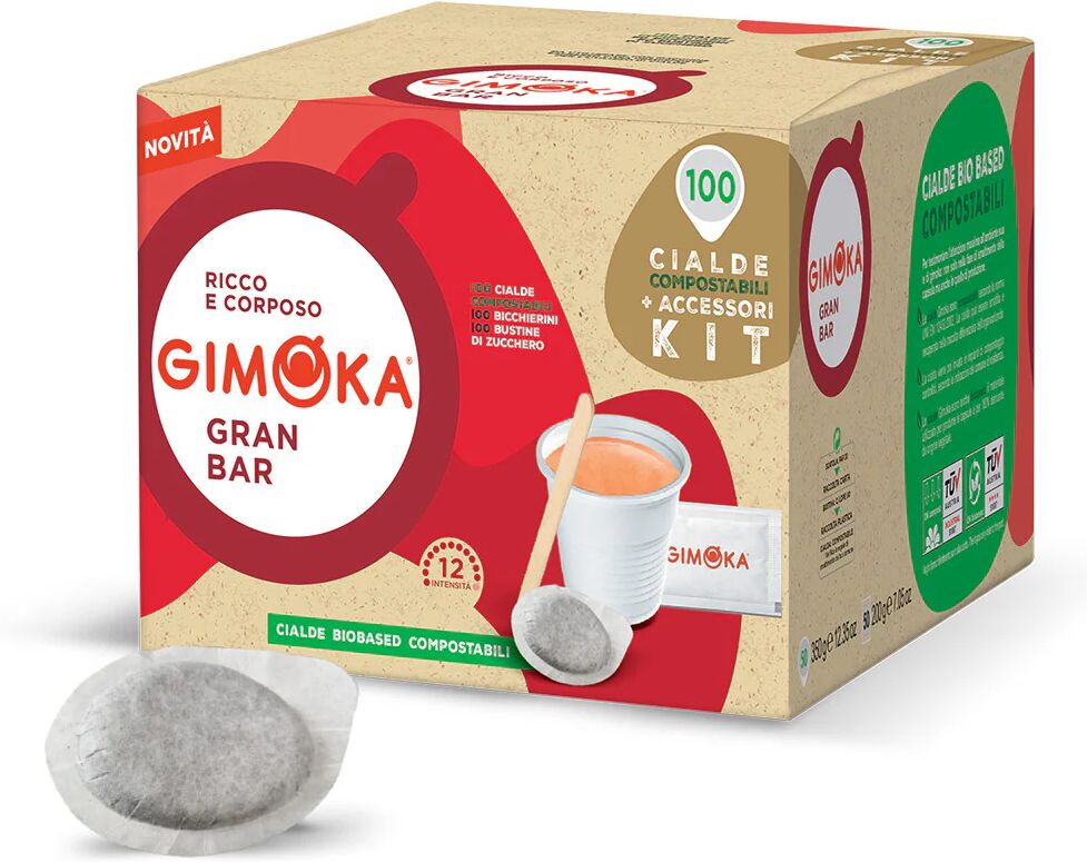 gimoka 100 cialde gran bar + kit da 100 palette, zuccheri e bicchierini compatibili con sistema ese 44mm