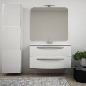 BH Mobile bagno bianco lucido 100 cm sospeso moderno curvo con lavabo ceramica specchio e colonna 170 cm Mod. Berlino