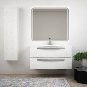 BH Mobile bagno sospeso bombato bianco frassino 100 cm con colonna specchio LED e lavabo in ceramica Mod. Berlino