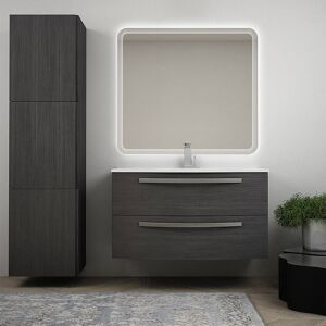 BH Mobile bagno sospeso 100 cm grigio scuro venato con lavabo in ceramica specchio retroilluminato e colonna Mod. Berlino