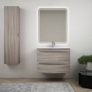 BH Moderno mobile bagno sospeso curvo 75 cm larice lavabo ceramica specchio LED e colonna 140 cm Mod. Berlino