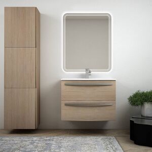 BH Mobile bagno sospeso a cassettoni curvo 75 cm rovere tabacco specchio LED lavabo ceramica e colonna 170 cm Serie Berlino