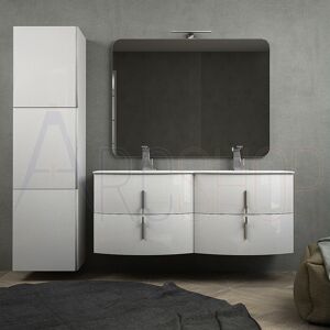 BH Mobile da bagno doppio lavabo bianco lucido sospeso 140 cm con specchiera lampada LED cassettoni soft close e colonna 170 tre ante