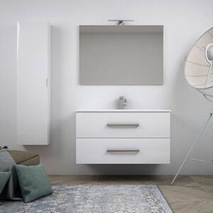 BH Mobile bagno bianco lucido sospeso moderno 100 cm con specchiera applique LED cassettoni soft close e colonna