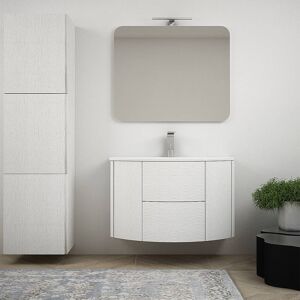 BH Mobile bagno Bianco frassino sospeso moderno 90 cm con colonna 170 cm cassettoni soft close e specchiera