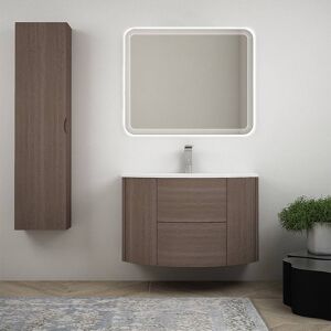 BH Mobile bagno rovere scuro sospeso 90 cm con colonna specchiera LED intarsiata e cassettoni soft close