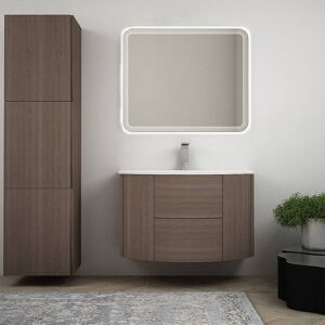 BH Mobile bagno sospeso rovere scuro 90 cm con colonna specchio LED e cassettoni soft close