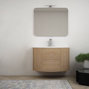 BH Mobile bagno sospeso 90 cm rovere tabacco con specchiera lampada LED e cassettoni soft close