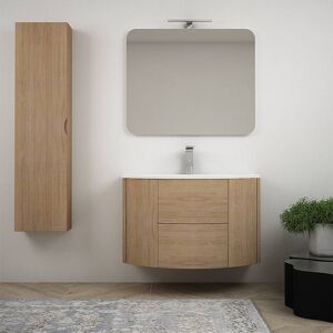 BH Mobile bagno sospeso 90 cm rovere tabacco con 2 cassettoni soft close specchio applique LED e colonna