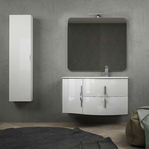 BH Mobile bagno onda bianco lucido sospeso 105 cm con cassettoni soft close specchio applique LED e colonna (versione sinistra)