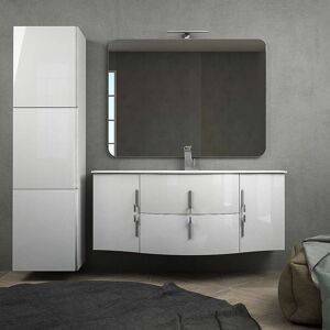 BH Composizione da bagno ad onda bianco lucido sospesa 140 cm con specchio applique LED e cassettoni soft close colonna 170 tre ante