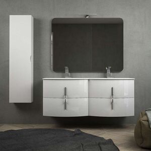 BH Mobile bagno doppio lavabo 140 cm bianco lucido sospeso con chiusure soft close specchio applique LED e colonna