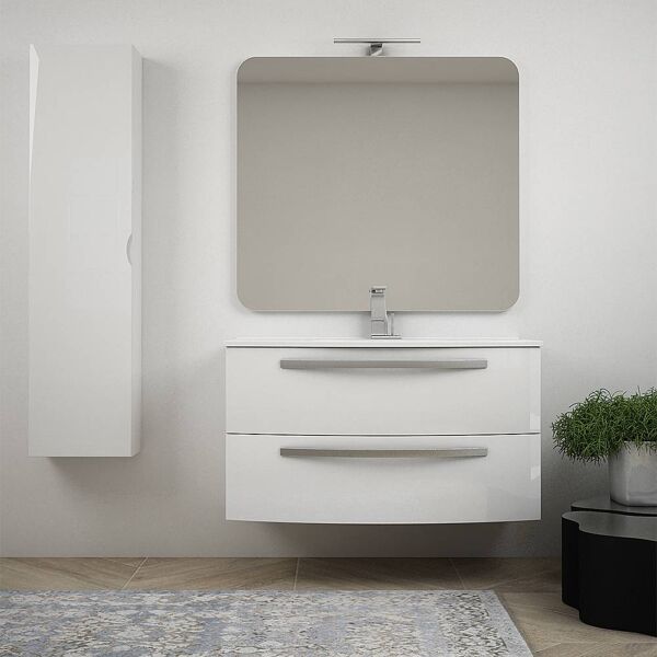 bh mobile bagno curvo sospeso bianco lucido 100 cm con colonna specchio e lavabo in ceramica mod. berlino