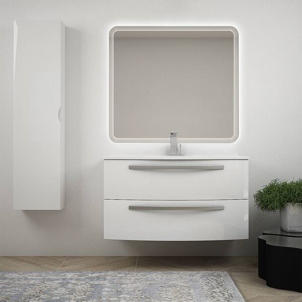 bh mobile bagno sospeso curvo 100 cm bianco lucido con specchio led lavabo ceramica e colonna mod. berlino