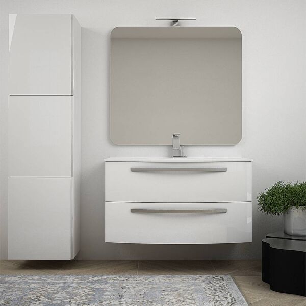 bh mobile bagno bianco lucido 100 cm sospeso moderno curvo con lavabo ceramica specchio e colonna 170 cm mod. berlino