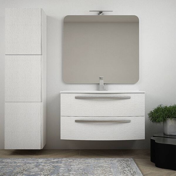 bh mobile bagno bianco frassino sospeso curvo 100 cm con colonna tre ante specchio e lavabo mod. berlino