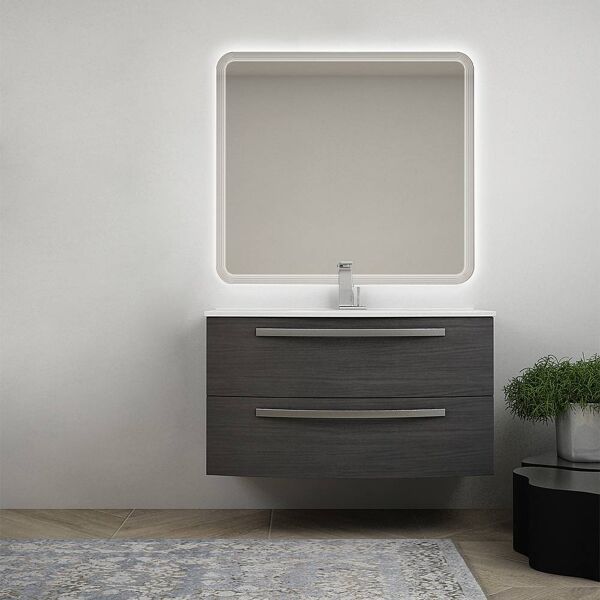 bh composizione bagno sospesa 100 cm grigio scuro venato con specchio retroilluminato e lavabo ceramica mod. berlino