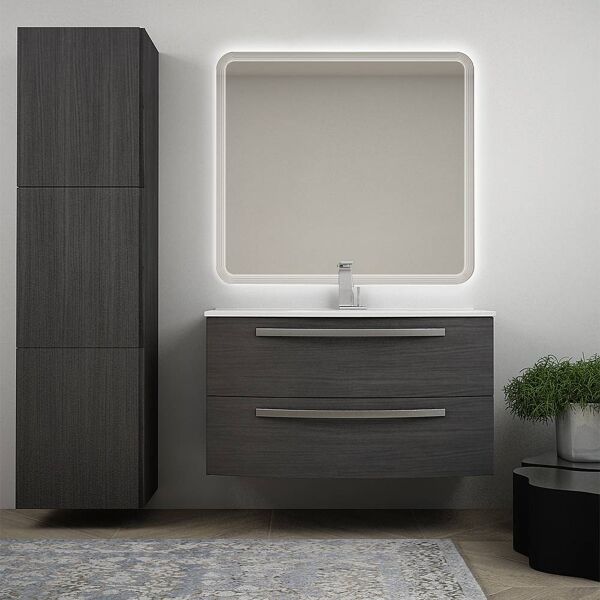 bh mobile bagno sospeso 100 cm grigio scuro venato con lavabo in ceramica specchio retroilluminato e colonna mod. berlino